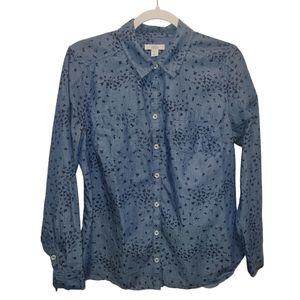 Croft & Barrow Petite Button Down Long Sleeve Top Denim Blue w/ Small Flowers